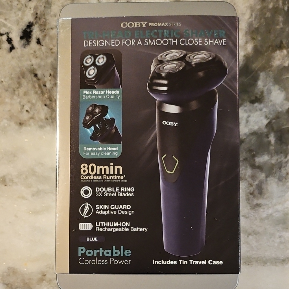 Coby Promax Rechargeable Tri-Head Electric Shaver. Black w/travel tin. NEW.
